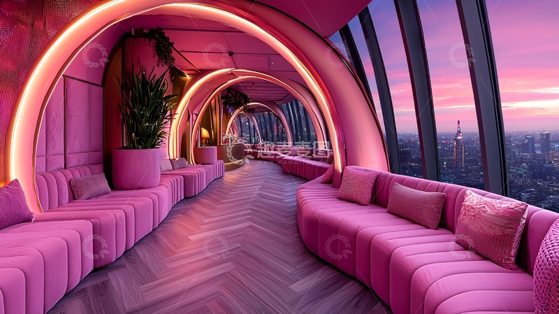 高清大图下载【趣麦麦图】粉色梦幻城市高空酒吧