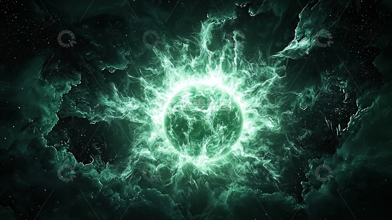 高清大图下载【趣麦麦图】绿色能量球围绕着烟雾