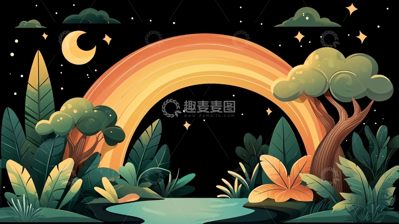 高清大图下载【趣麦麦图】夜空下彩虹森林的卡通场景