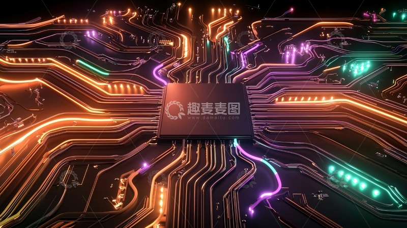 高清大图下载【趣麦麦图】芯片线路板的霓虹灯光