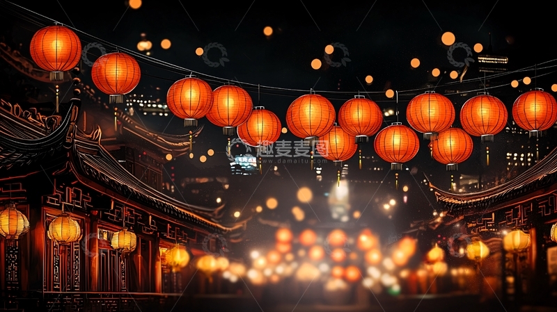 高清大图下载【趣麦麦图】灯笼高挂的中国古镇夜景