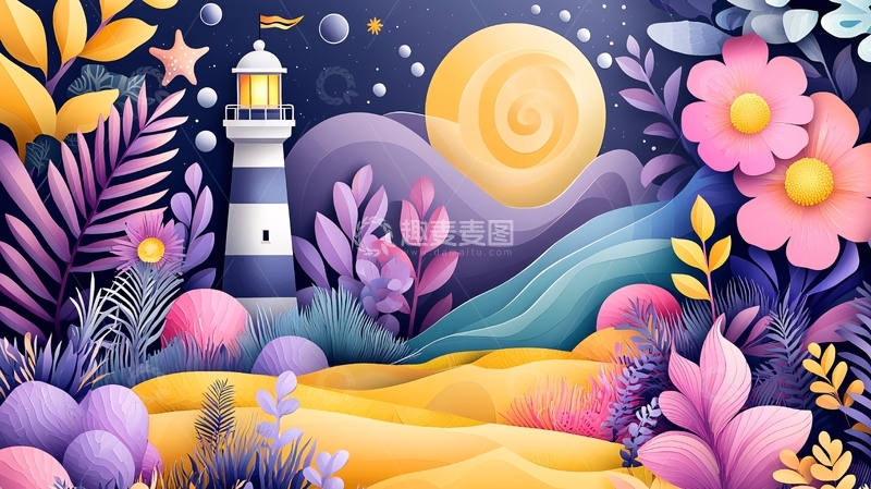 高清大图下载【趣麦麦图】梦幻灯塔星空花海