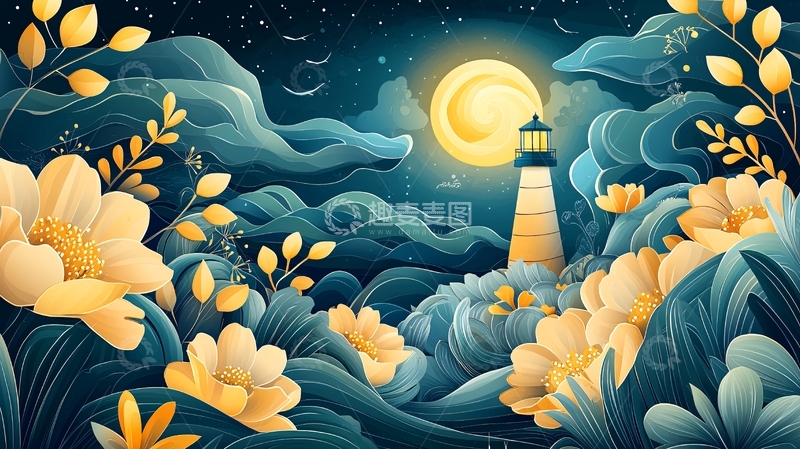 高清大图下载【趣麦麦图】夜空灯塔花朵唯美梦幻