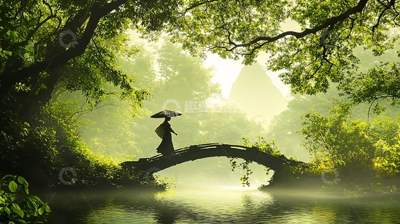 高清大图下载【趣麦麦图】林中撑伞过桥的女子