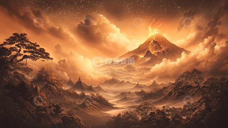 高清大图下载【趣麦麦图】金色云雾缭绕的山脉