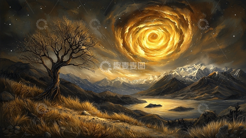 高清大图下载【趣麦麦图】金色漩涡下的孤独树