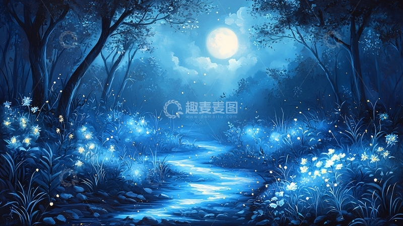 高清大图下载【趣麦麦图】蓝色月光下的神秘森林