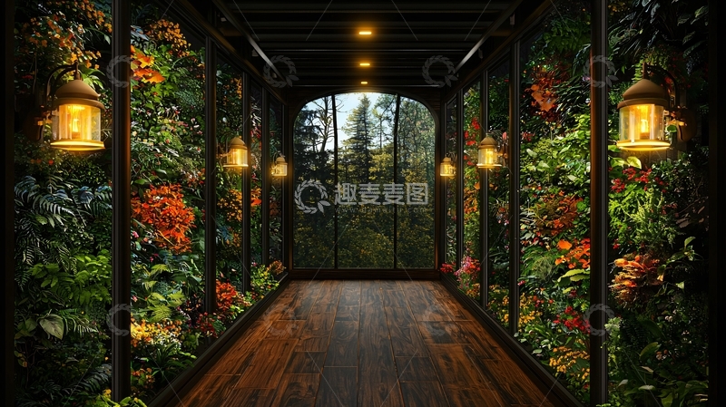 高清大图下载【趣麦麦图】绿色植物环绕的走廊
