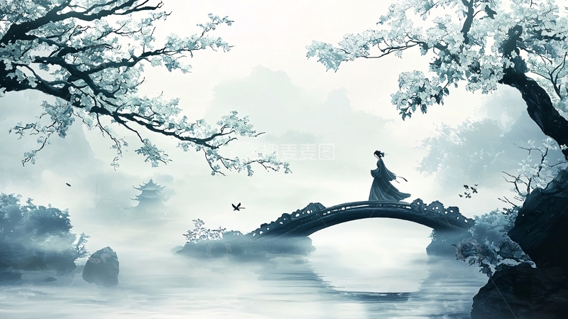 高清大图下载【趣麦麦图】水墨风女子桥上