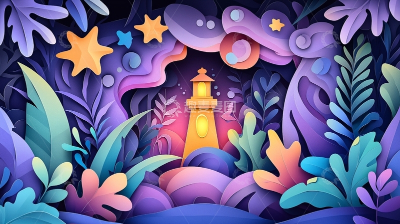 高清大图下载【趣麦麦图】梦幻森林灯塔星夜图