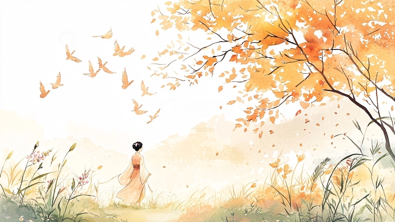 高清大图下载【趣麦麦图】秋日少女白鸽飞翔背景图