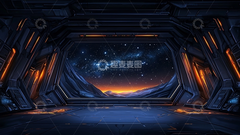 高清大图下载【趣麦麦图】未来科技感飞船内部窗外星空