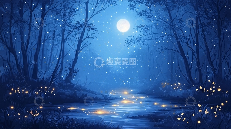 高清大图下载【趣麦麦图】蓝色月夜森林小路