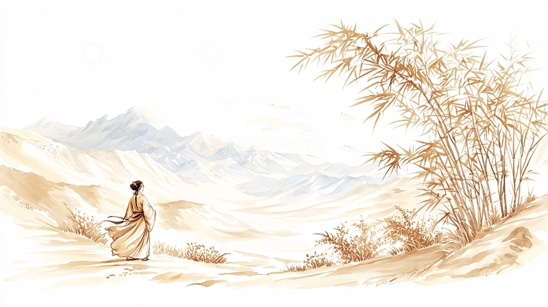 高清大图下载【趣麦麦图】水墨画风女子远眺山峦