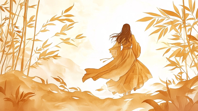 高清大图下载【趣麦麦图】金色长裙女子背影