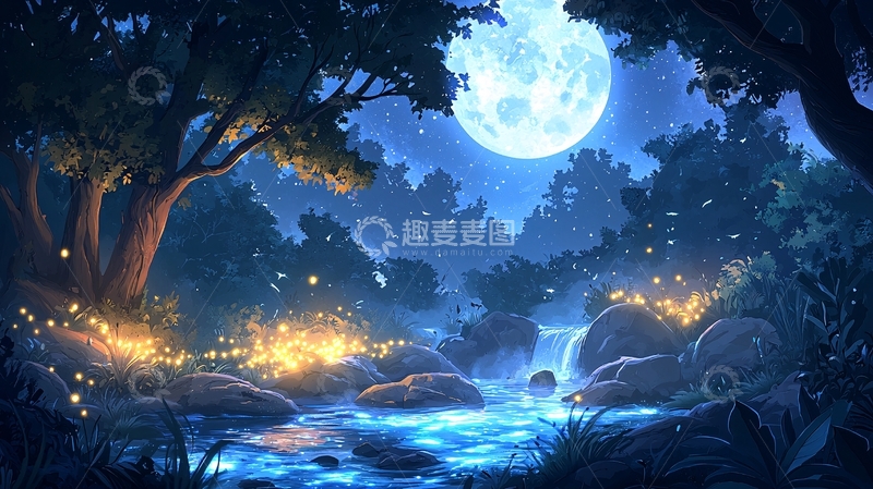 高清大图下载【趣麦麦图】月夜森林小溪