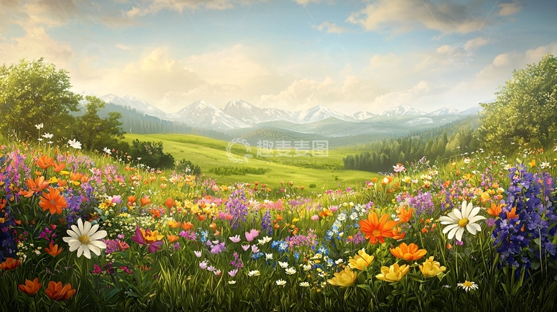 高清大图下载【趣麦麦图】鲜花盛开的山谷景色