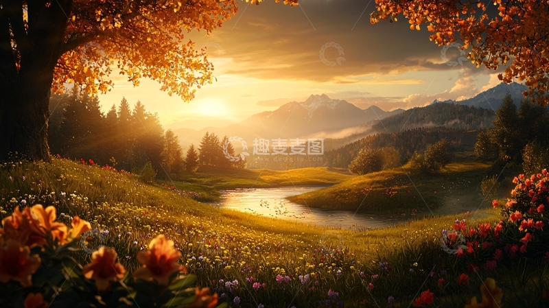 高清大图下载【趣麦麦图】秋日落日下的田园风光