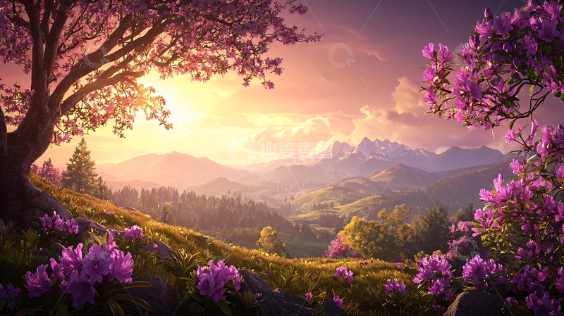 高清大图下载【趣麦麦图】唯美花树下的日出