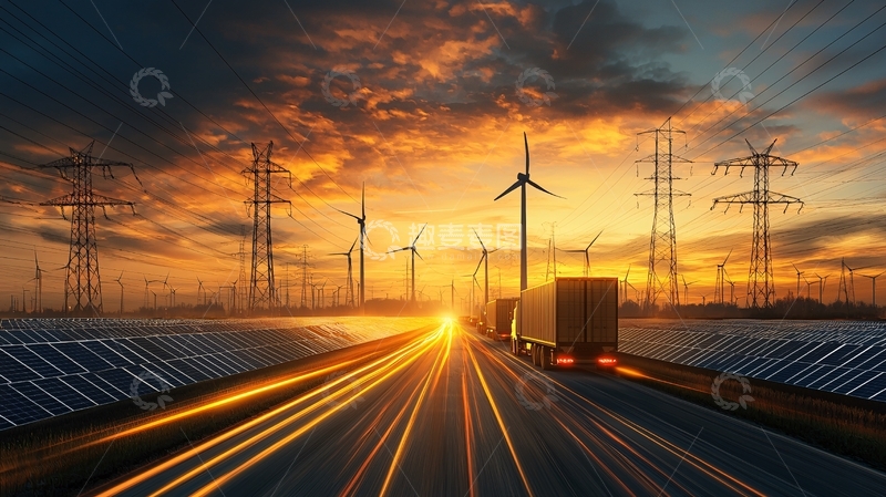 高清大图下载【趣麦麦图】公路上的风力发电夕阳