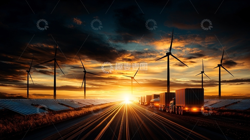 高清大图下载【趣麦麦图】风力发电在夕阳下