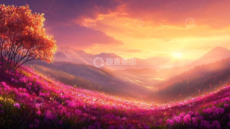 高清大图下载【趣麦麦图】粉色花海山谷日落