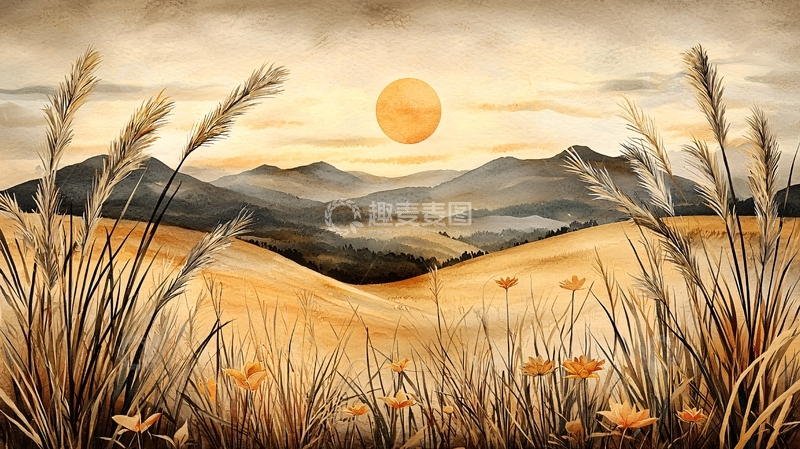 高清大图下载【趣麦麦图】金色的田野日落山景