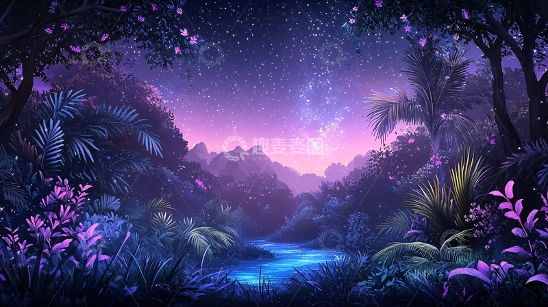高清大图下载【趣麦麦图】奇幻森林夜景插画