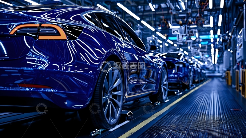 高清大图下载【趣麦麦图】蓝色汽车流水线生产