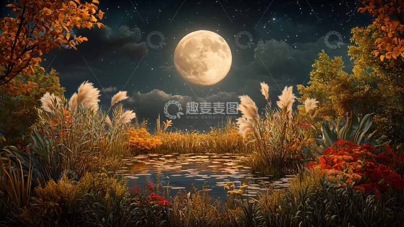 高清大图下载【趣麦麦图】秋夜月色下的宁静田野