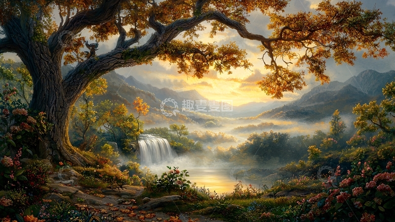 高清大图下载【趣麦麦图】秋日宁静森林与瀑布