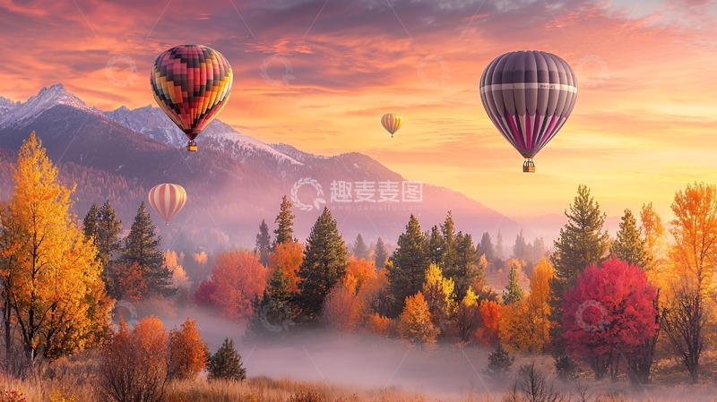 高清大图下载【趣麦麦图】热气球飞跃秋日森林