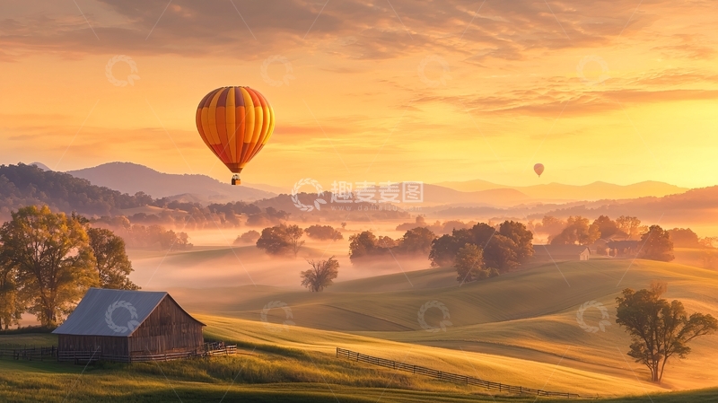 高清大图下载【趣麦麦图】金色日出热气球田园风光
