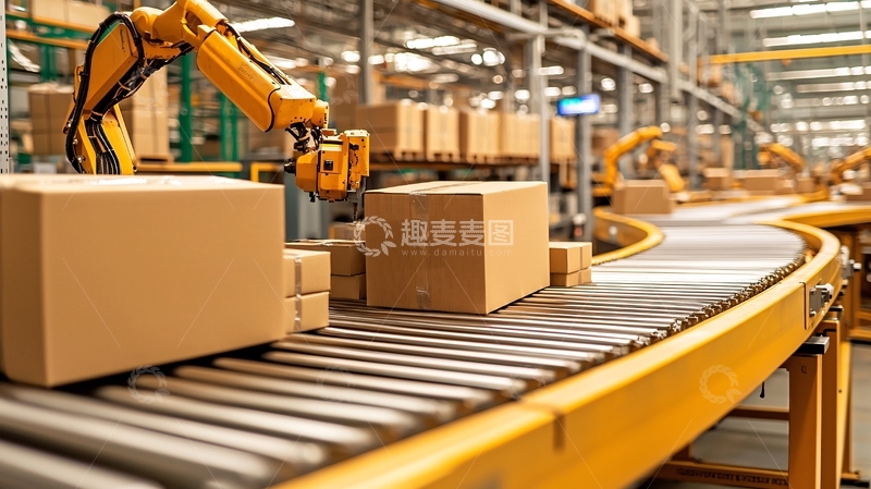 高清大图下载【趣麦麦图】自动化生产线上纸箱运输