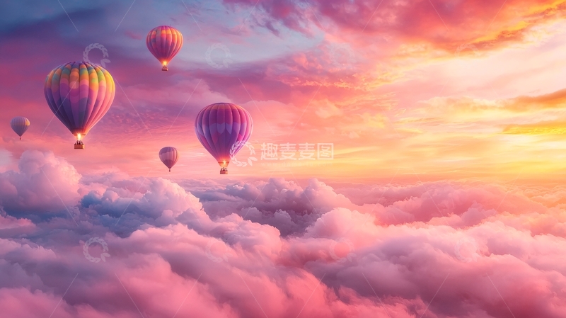 高清大图下载【趣麦麦图】热气球飞过粉色云彩