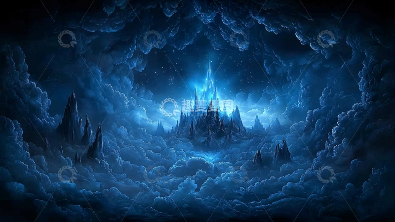高清大图下载【趣麦麦图】蓝色云雾笼罩的城市