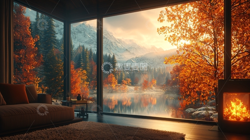 高清大图下载【趣麦麦图】房间内看秋景湖面