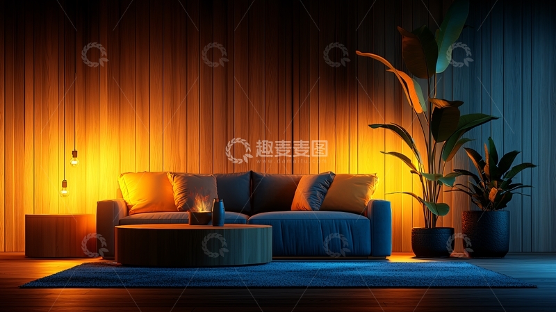 高清大图下载【趣麦麦图】暖色灯光下的舒适客厅