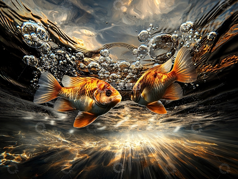 高清大图下载【趣麦麦图】两条金鱼在水中游动