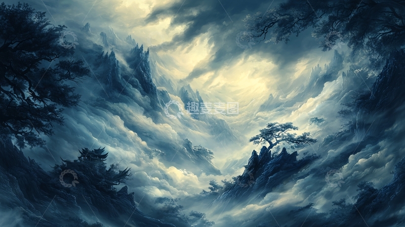 高清大图下载【趣麦麦图】云层环绕的山峰