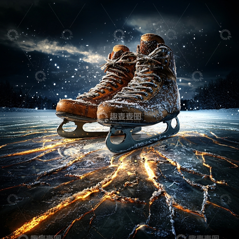 高清大图下载【趣麦麦图】冰面上的复古溜冰鞋