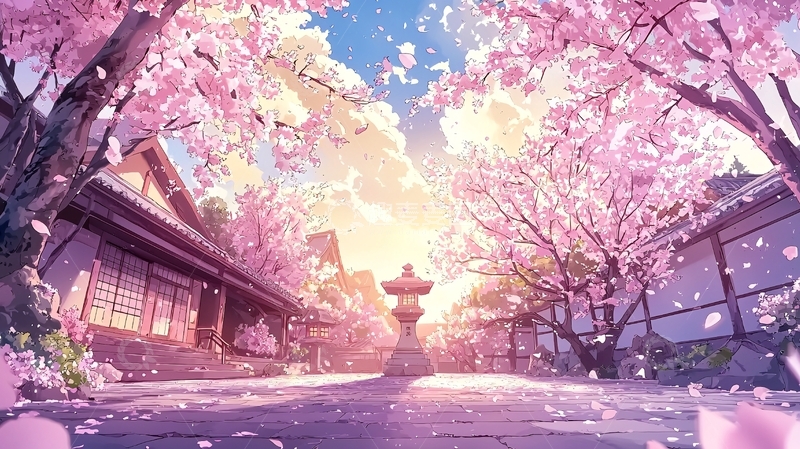 高清大图下载【趣麦麦图】动漫风樱花盛开的街道