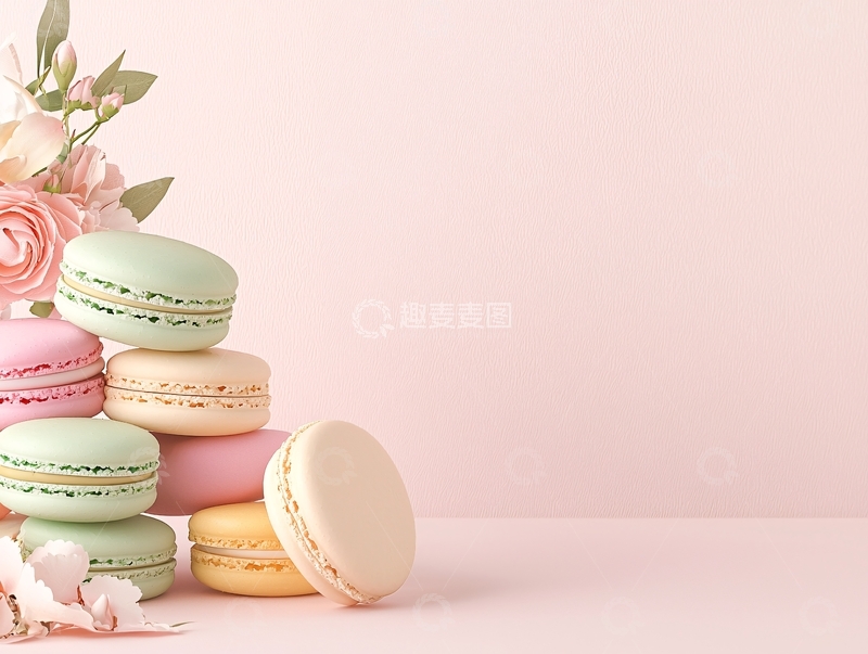 高清大图下载【趣麦麦图】-马卡龙甜点与花朵静物
