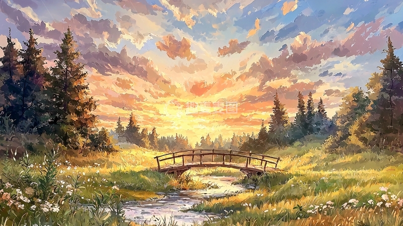 高清大图下载【趣麦麦图】田园风光日出油画