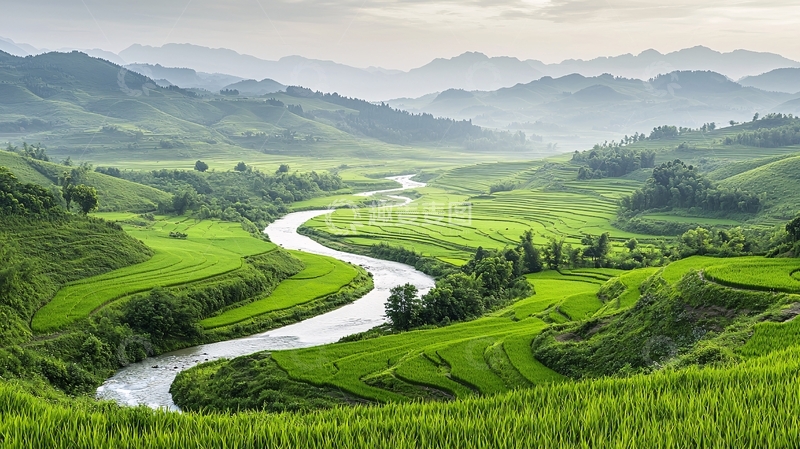 高清大图下载【趣麦麦图】绿色田野蜿蜒河流
