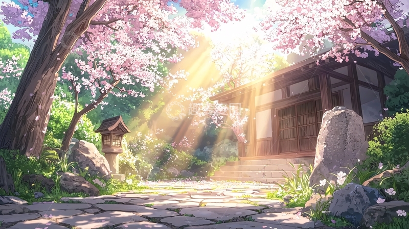 高清大图下载【趣麦麦图】阳光穿过樱花树的动漫场景