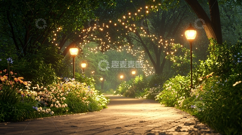 高清大图下载【趣麦麦图】花园小路被灯光点亮