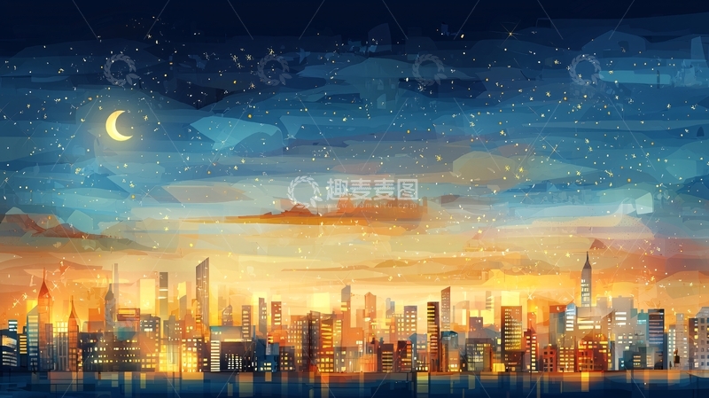 高清大图下载【趣麦麦图】城市夜景与星空月亮