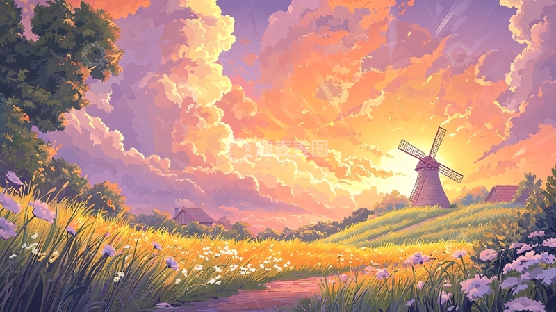 高清大图下载【趣麦麦图】田园风光唯美日落插画