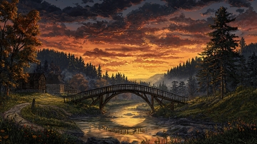 夕阳下的森林小桥